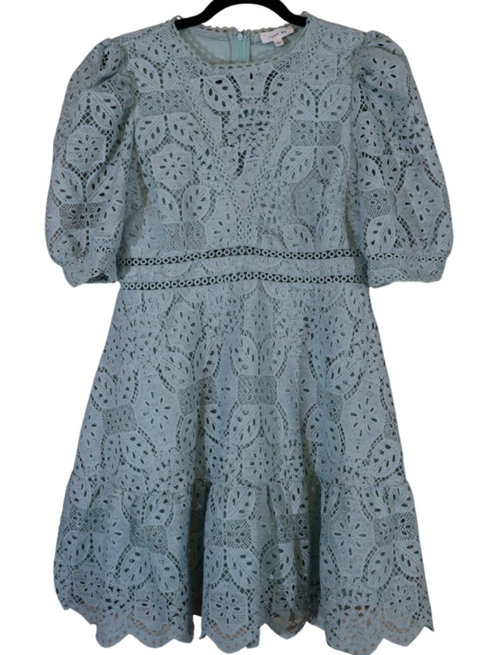 Express Just Me Light Blue Lace Eyelet Puff Sleeve Mini Dress L Like New